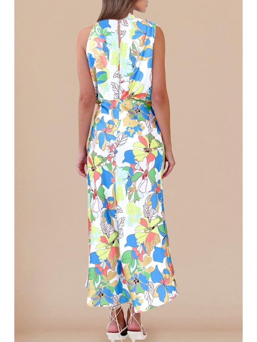 Women Print Multicolored Satin Elegant Sleeveless Mock Neck Cocktail Maxi Dress - Picture 3 of 6